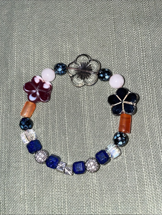 Stone and Home Harmony Jewelry - Handcrafted Black, Purple & Blue Floral Glass Bead Bracelet